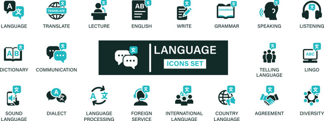 Language icon set collection. Translate, lecture, English, write, grammar, speaking, listening, dictionary, communication, dialect and best solid icon set.