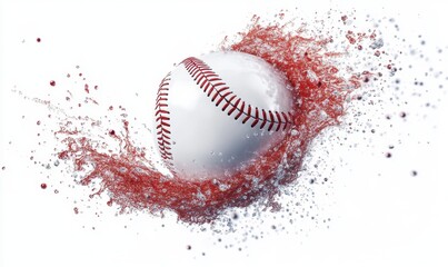 Baseball splashing through red liquid on white background