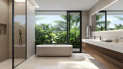 Naklejka premium Modern bathroom design with scenic view and tropical greenery