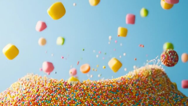 A Colorful Candy Mountain: A delightful cascade of vibrant candy and colorful sprinkles creates a sweet, playful scene, inviting a sense of childlike wonder and sugary indulgence.