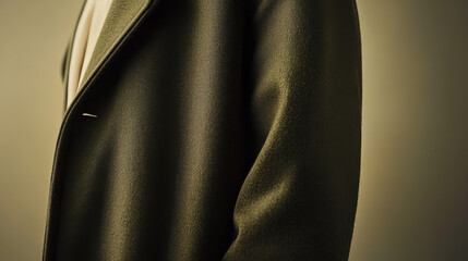 A close-up editorial capture of a structured army green overcoat, loose fit, luxurious fabric folds