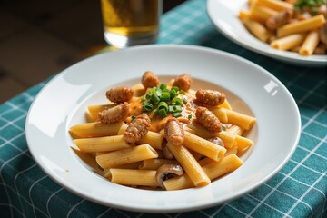 Close-up of a delicious pasta dish with creamy sauce, mushrooms, and seafood. Plated meal on a white plate and teal tablecloth.