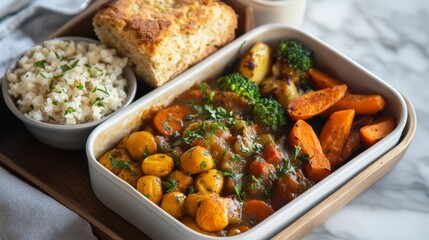 A winter lunch box featuring hot stew, homemade cornbread, and seasonal roasted vegetables,