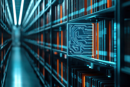 Futuristic data storage with illuminated circuits and organized digital information shelves.