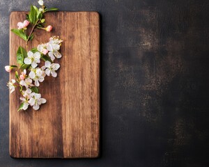 Fototapeta premium Wooden Cutting Board with Blossom Arrangement for Culinary Use