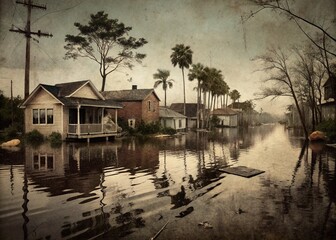 Obraz premium Vintage Style Photo: Hurricane Ian Florida Flood Damage, Houses Submerged