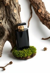 Elegant black thermos flask, rustic driftwood, vibrant green moss, minimalist composition, product photography, white background, natural textures, outdoor adventure aesthetic, contrasting elements