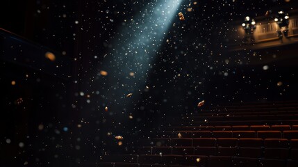 Bokeh-like dust motes floating in a darkened theater, illuminated by a single sharp light beam, creating an immersive, moody atmosphere