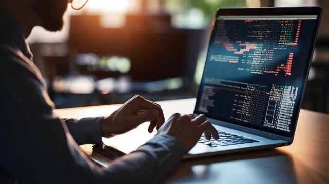 The Architect of Code: A focused individual meticulously crafts lines of code on a sleek laptop, the soft glow of the screen illuminating their dedicated work in a contemporary setting. 