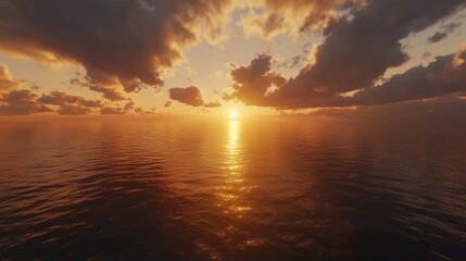 Obraz premium Golden sunset over calm ocean with orange sky and dark clouds horizon view