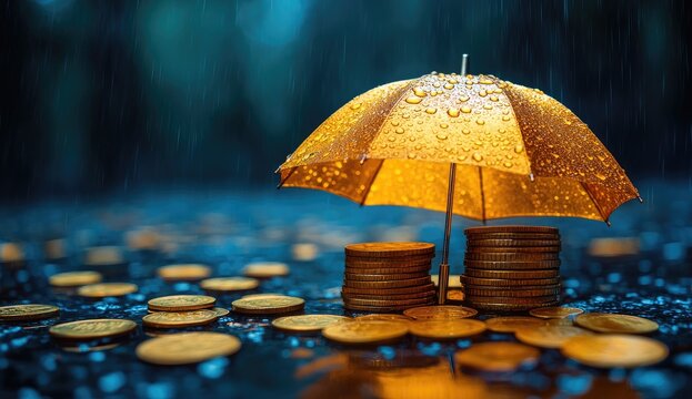 Golden Umbrella Protecting Coins from Rain at Night