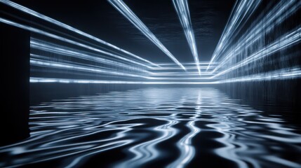 Cinematic perspective of continuous laser scans forming a mesmerizing ripple effect on a dark reflective wall, ultra-detailed beam clarity with