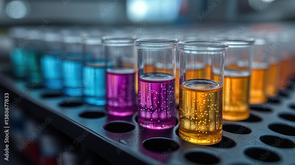 Poster colorful test tubes filled with vibrant liquids in a modern laboratory during a complex experiment a