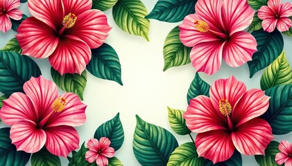 Bold, vibrant hibiscus & tropical leaves, repeating print, summer, print