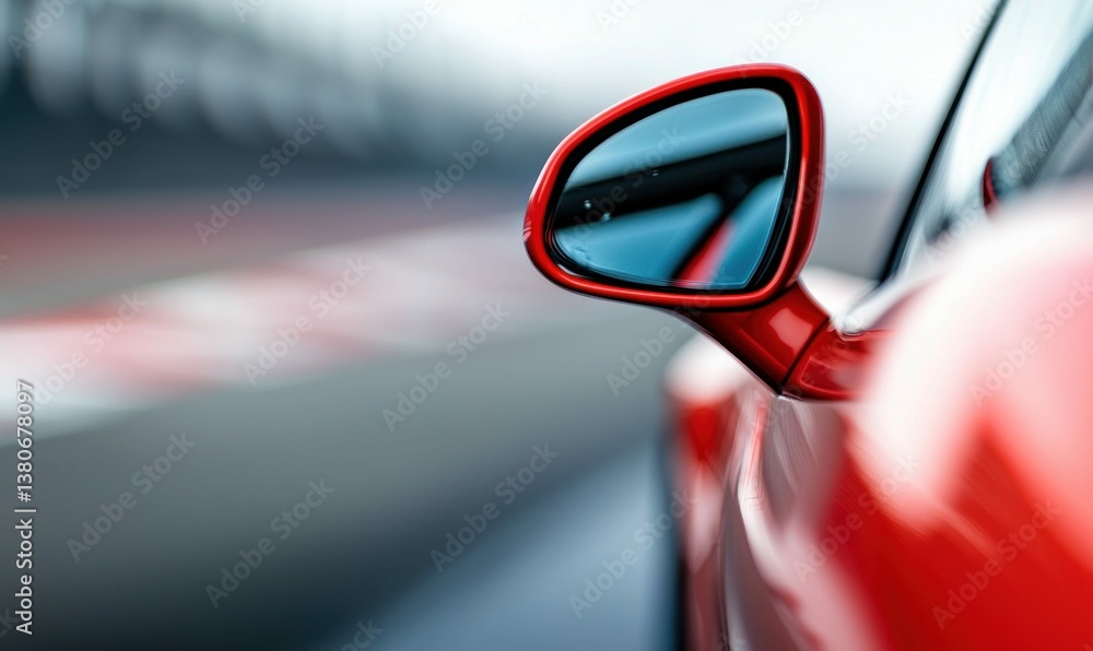 Poster the sleek red car mirror captures the reflection of a race track in motion, creating a dynamic visua
