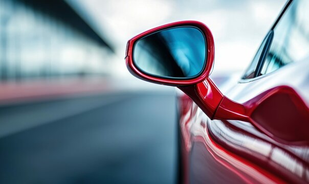 A vibrant red sports car's side mirror captures the essence of speed and sleek design.