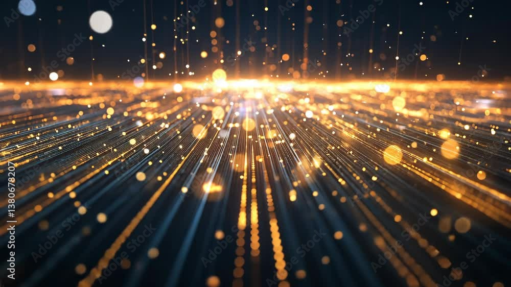 Poster visual representation of sparkling golden motion in an abstract digital environment showcasing depth