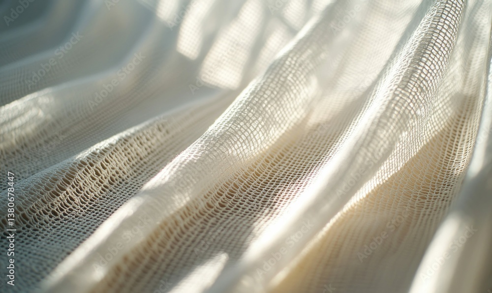 Poster soft cream-colored fabric with a delicate weave is illuminated by sunlight, creating shadows.