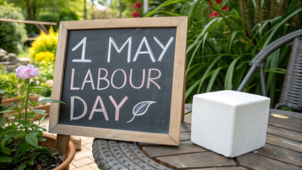 Celebrate Labour Day on May 1st with this charming image of a chalkboard displaying the message in a lush garden setting. 