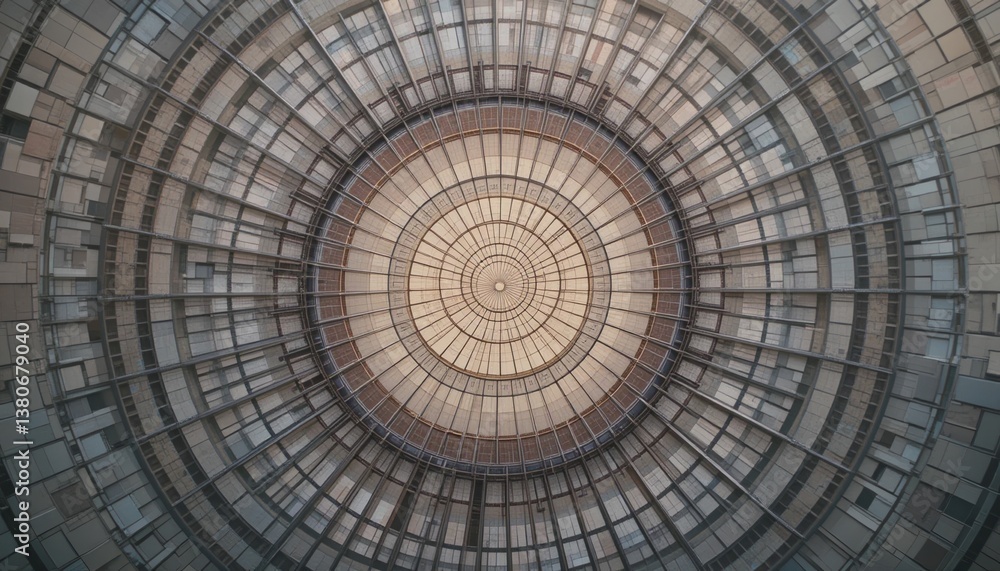 Poster exploring urban development aerial view of a contemporary circular structure in a modern environment