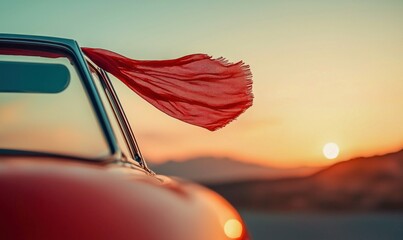 A classic red car with a flowing scarf against a beautiful sunset background.
