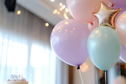 A joyful arrangement of pastel and metallic balloons with star accents, creating a playful and festive mood suitable for children's parties and festive celebrations.
