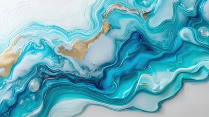 Fototapeta premium Abstract Ocean Waves: Teal, Gold, and White Swirls of Liquid Acrylic