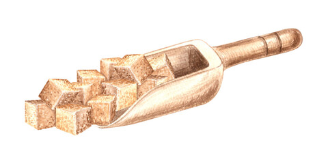 Brown sugar cubes in wooden food scoop watercolor illustration isolated. Spoon for bulk food products. Hand drawn natural kitchenware, bakers tools for cooking. Clipart for food design in sketch style