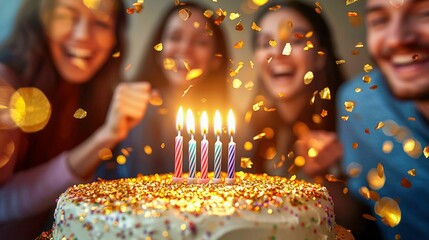 Friends and family gather around a birthday cake with lit candles, celebrating a special day with joy.