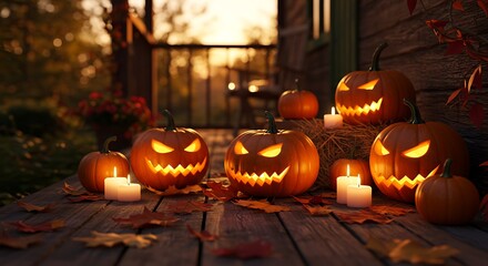Spooky Jack-o'-lanterns on Autumn Porch at Dusk AI Generated