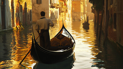 Gondolier steering a gondola through narrow Venetian Canals