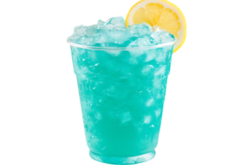 Refreshing blue raspberry slushie with lemon wedge served in a clear plastic cup on trasparent background