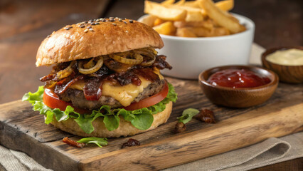 "A close-up of a gourmet burger with caramelized onions, smoked bacon, and melted Swiss cheese, served on a rustic wooden board with a side of thick-cut fries and a dipping sauce."