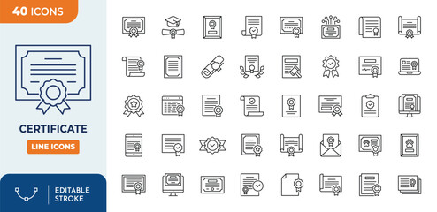 Certificate icon set. Outline Icon Collection. Vector illustration. Editable stroke	