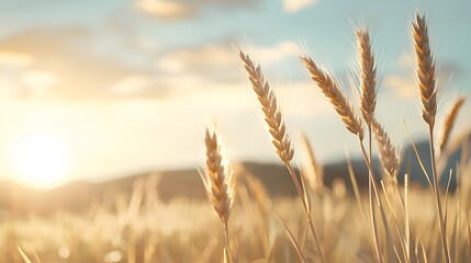 Fototapeta premium Golden Wheat Field Bathed in Warm Sunlight During Sunset in a Rural Landscape