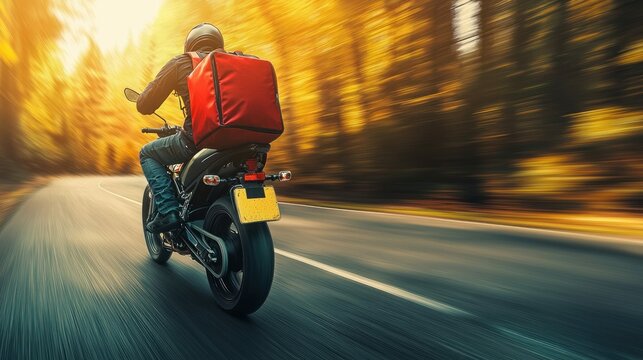 A motorcycle courier races down a winding road, delivering food quickly on a sunny autumn day.
