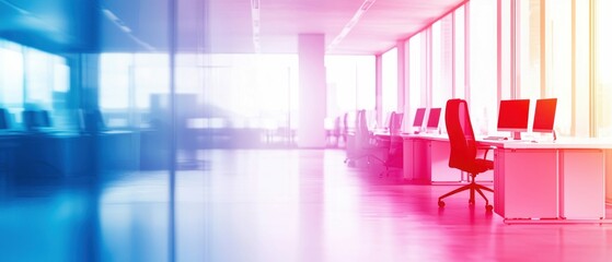 Fototapeta premium A vibrant and modern office interior featuring a sleek, contemporary workspace design for businesses.