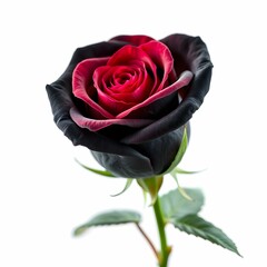 Dark red rose, deep burgundy petals, black-tipped edges, velvety texture, single bloom, green stem and leaves, dramatic lighting, high contrast, white backgroun
