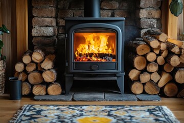 Wood-burning stove with stacked firewood in rustic cozy stone interior