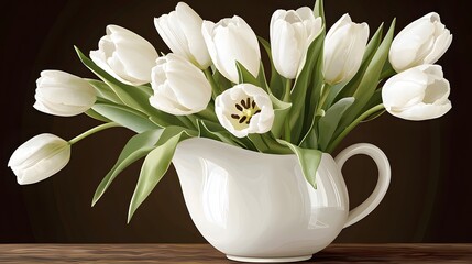 Elegant Arrangement of White Tulips in a Simple White Vase Against a Dark Background