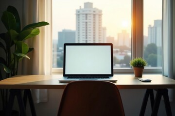 Fototapeta premium Empty chair at desk facing window, laptop screen , vacant, digital, bright