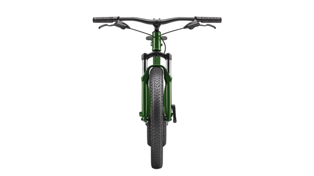 Closeup, mountain bike front wheel tire, suspension fork, and offroad ready detail