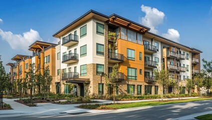 Fototapeta premium Modern Apartment Building Design: Luxury Residences with Balconies and Landscaped Grounds, Stylish Architecture Showcases Innovative Urban Living