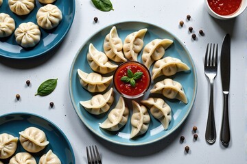 Overhead shot of a plate of delicious steamed dumplings with a side of spicy sauce. Perfect for food blogs and culinary websites.