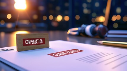 A desk scene featuring a sign that reads "Compensation" beside a document labeled "Claim Denied," with blurred city lights in the background.