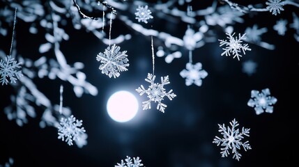 Ethereal floating snowflakes suspended in a beam of soft moonlight, each crystal catching the glow as they gently twirl in