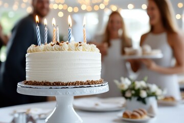A beautiful birthday cake with lit candles stands as the centerpiece for a joyful gathering, emphasizing celebration, togetherness, and sweet moments.