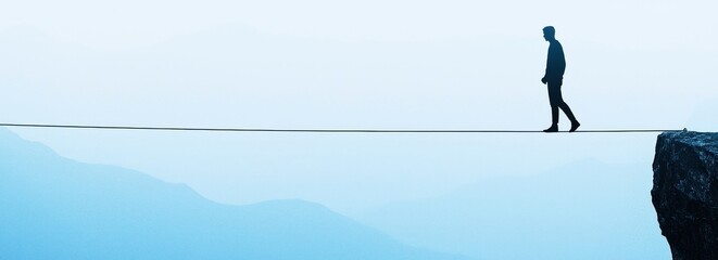 Solo Figure Balancing on Thin Rope Above Dramatic Mountain Landscape