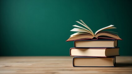 Fototapeta premium Open book on a stack of books inviting reading against a green background with warm lighting and