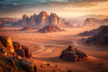 Naklejka premium Wadi Rum Desert Jordan Sunrise, Miniature Landscape, Tilt-Shift Photography